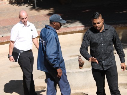 Damian Ray, Freeman Maphosa and Vish Naidoo inspect an old water fountain, which needs attention, in Randburg Squae Mall.